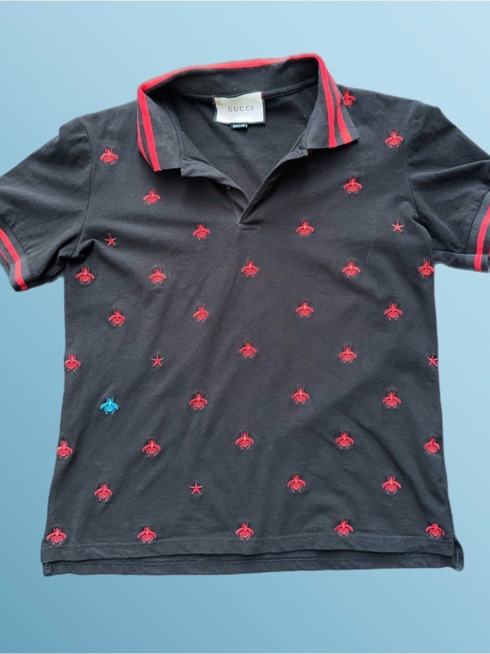 Gucci Black Polo Shirt with Red Embroidered Bugs KIDS XL can fit women’s Medium